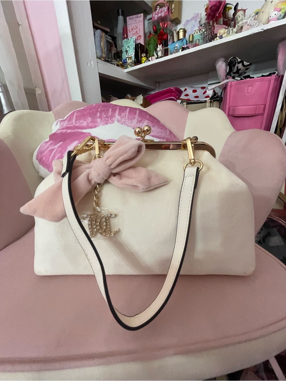 Juicy Couture Cream Satchel with Pink Bow and Gold Trim